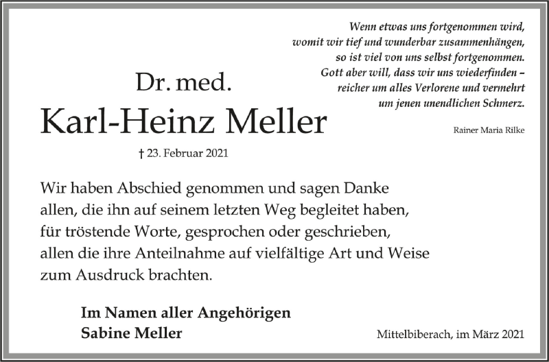  Traueranzeige für Karl-Heinz Meller vom 27.03.2021 aus Schwäbische Zeitung