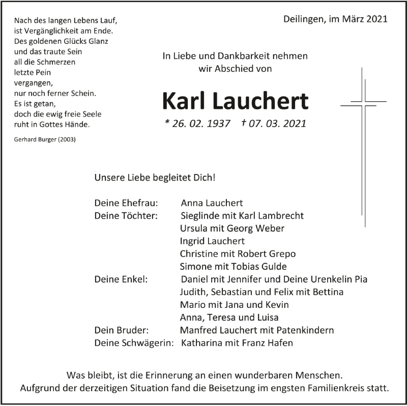  Traueranzeige für Karl Lauchert vom 13.03.2021 aus Schwäbische Zeitung