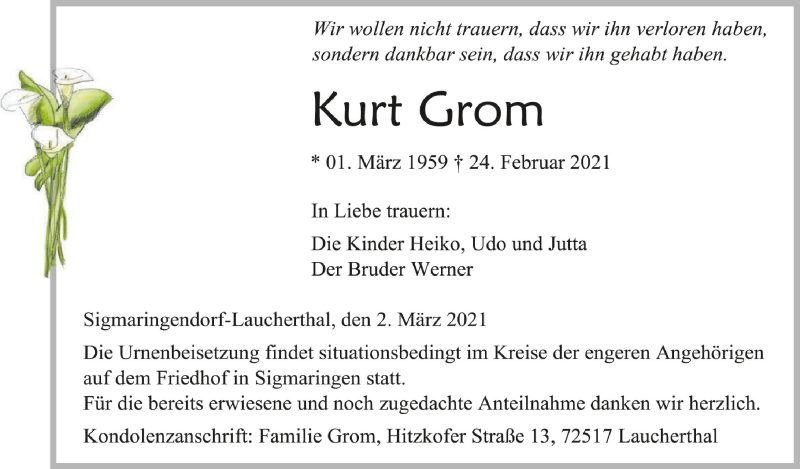  Traueranzeige für Kurt Grom vom 02.03.2021 aus Schwäbische Zeitung