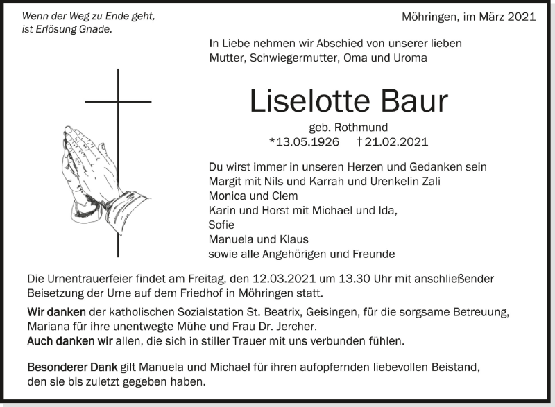  Traueranzeige für Liselotte Baur vom 08.03.2021 aus Schwäbische Zeitung