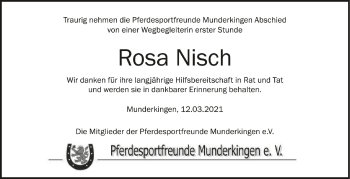 Anzeige von Rosa Nisch von Schwäbische Zeitung