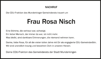 Anzeige von Rosa Nisch von Schwäbische Zeitung