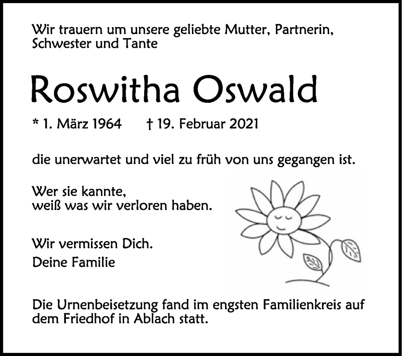  Traueranzeige für Roswitha Oswald vom 10.03.2021 aus Schwäbische Zeitung