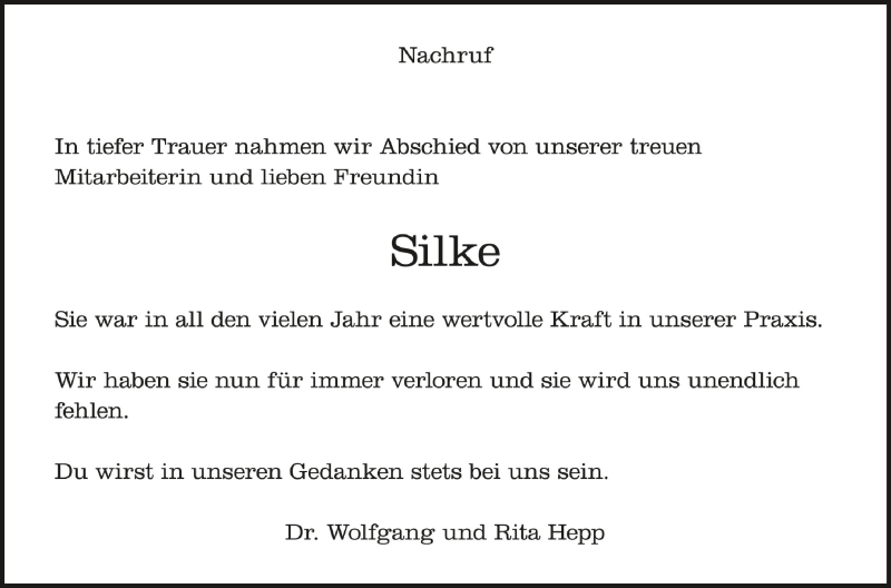 Traueranzeige für Silke  vom 08.03.2021 aus Schwäbische Zeitung