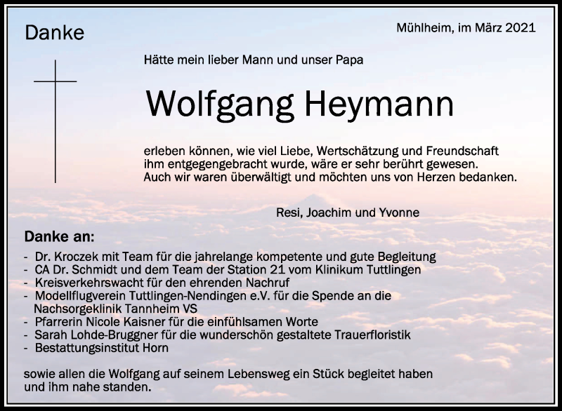  Traueranzeige für Wolfgang Heymann vom 19.03.2021 aus Schwäbische Zeitung