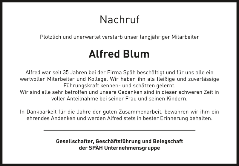  Traueranzeige für Alfred Blum vom 03.04.2021 aus Schwäbische Zeitung