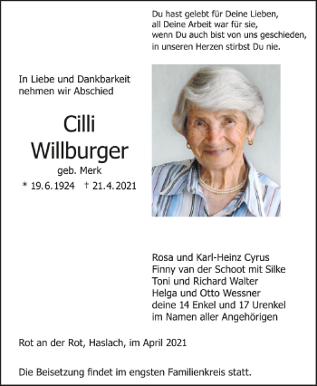 Anzeige von Cilli Willburger von Schwäbische Zeitung