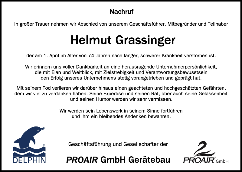  Traueranzeige für Helmut Grassinger vom 07.04.2021 aus Schwäbische Zeitung