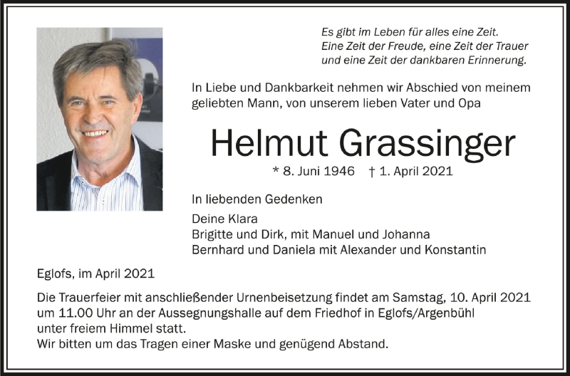  Traueranzeige für Helmut Grassinger vom 07.04.2021 aus Schwäbische Zeitung