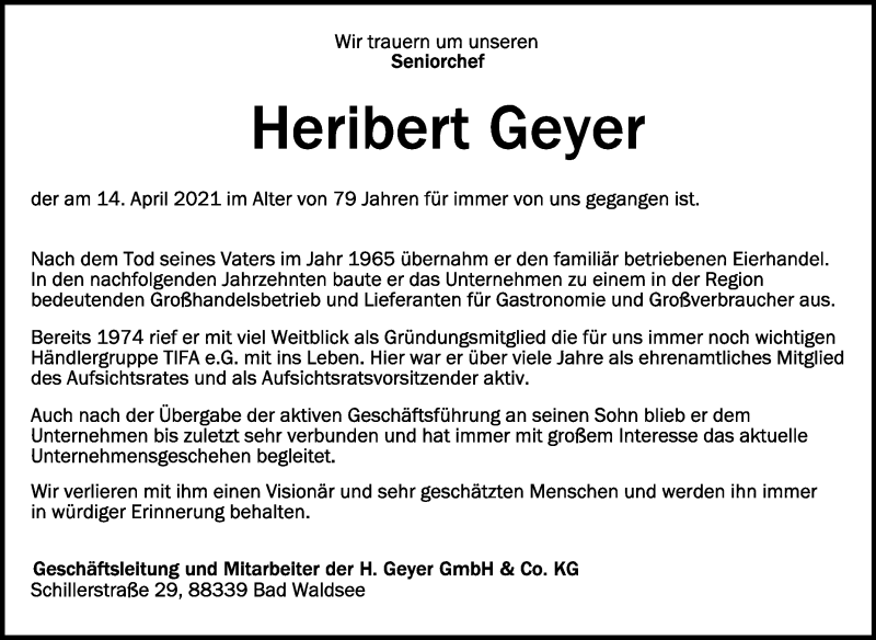  Traueranzeige für Heribert Geyer vom 17.04.2021 aus Schwäbische Zeitung