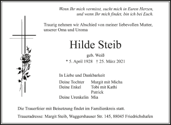 Anzeige von Hilde Steib von Schwäbische Zeitung