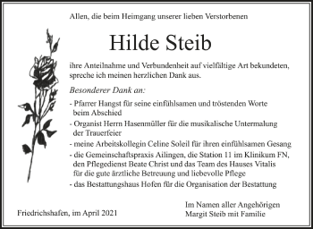 Anzeige von Hilde Steib von Schwäbische Zeitung