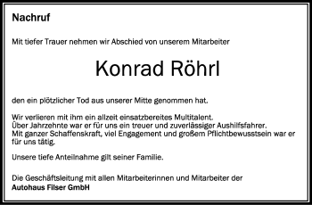 Anzeige von Konrad Röhrl von Schwäbische Zeitung