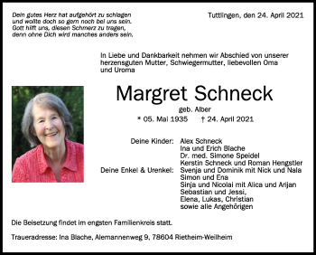 Anzeige von Margret Schneck von Schwäbische Zeitung