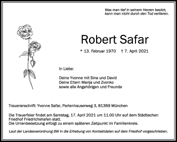 Anzeige von Robert Safar von Schwäbische Zeitung