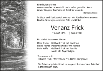Anzeige von Venanz Frick von Schwäbische Zeitung