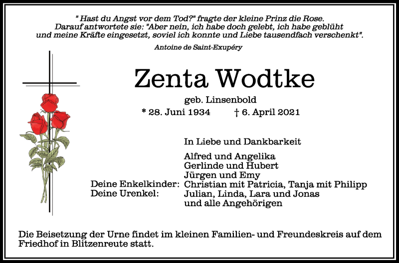  Traueranzeige für Zenta Wodtke vom 09.04.2021 aus Schwäbische Zeitung