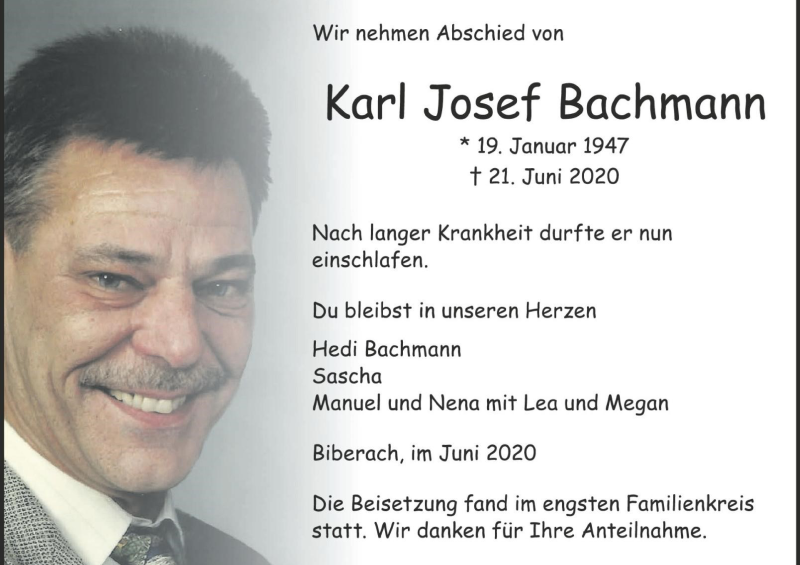  Traueranzeige für Karl Josef Bachmann vom 27.06.2020 aus Schwäbische Zeitung