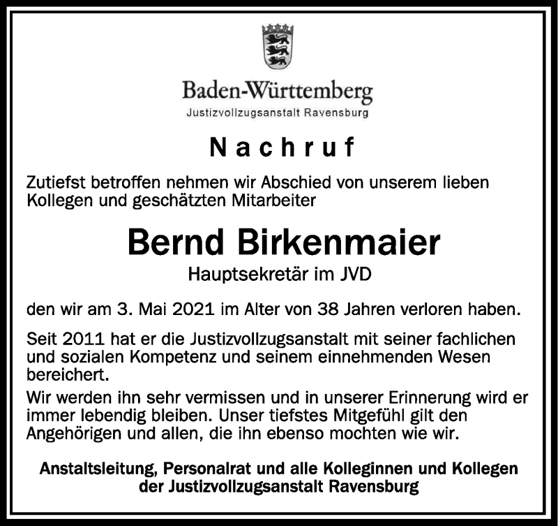  Traueranzeige für Bernd Birkenmaier vom 06.05.2021 aus Schwäbische Zeitung