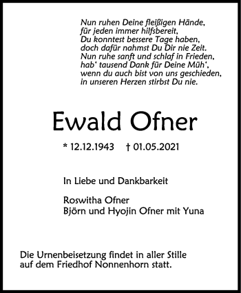 Anzeige von Ewald Ofner von Schwäbische Zeitung