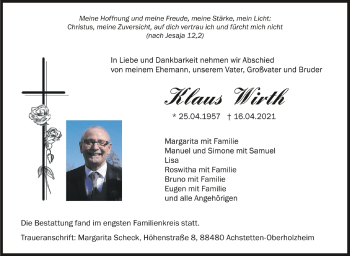 Anzeige von Klaus Wirth von Schwäbische Zeitung