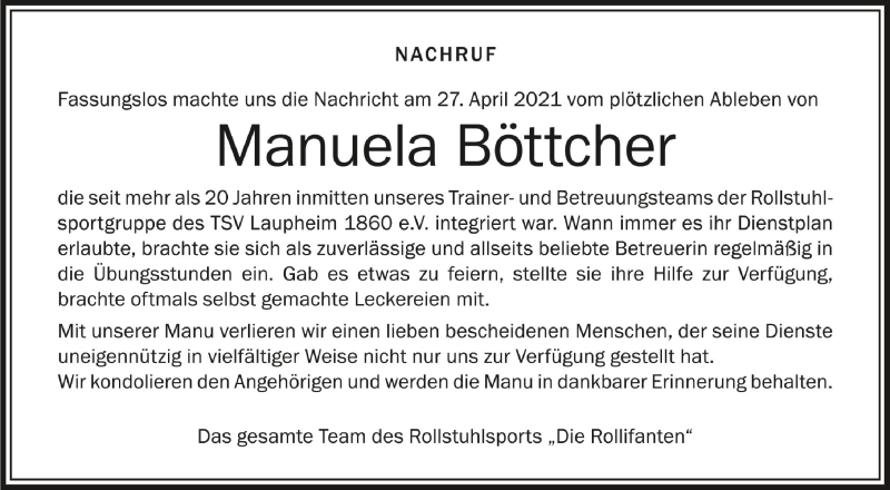  Traueranzeige für Manuela Böttcher vom 06.05.2021 aus Schwäbische Zeitung