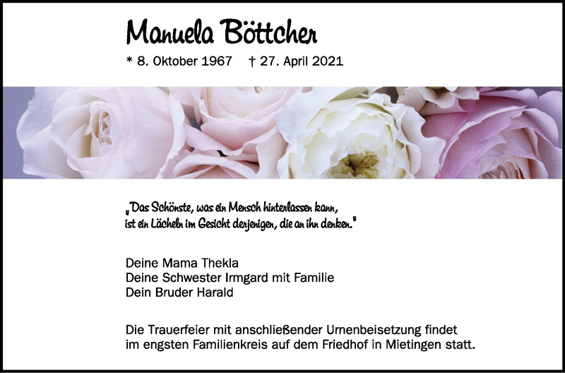  Traueranzeige für Manuela Böttcher vom 06.05.2021 aus Schwäbische Zeitung