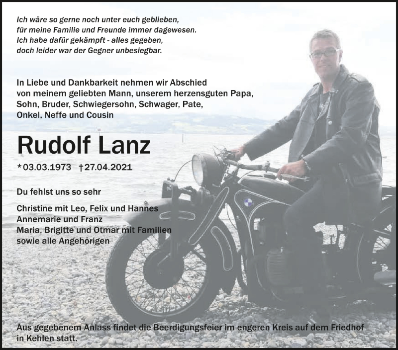 Traueranzeige für Rudolf Lanz vom 03.05.2021 aus Schwäbische Zeitung