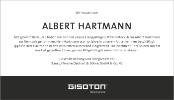 Anzeige von Albert Hartmann von Schwäbische Zeitung