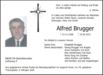 Anzeige von Alfred Brugger von Schwäbische Zeitung