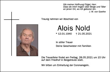 Anzeige von Alois Nold von Schwäbische Zeitung