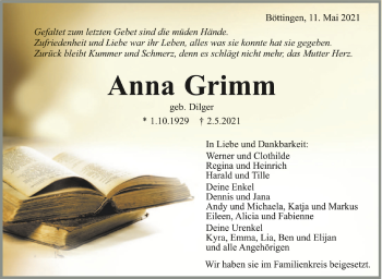 Anzeige von Anna Grimm von Schwäbische Zeitung