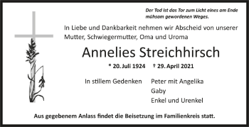 Anzeige von Annelies Streichhirsch von Schwäbische Zeitung
