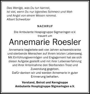 Anzeige von Annemarie Roesler von Schwäbische Zeitung