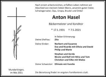 Anzeige von Anton Hasel von Schwäbische Zeitung