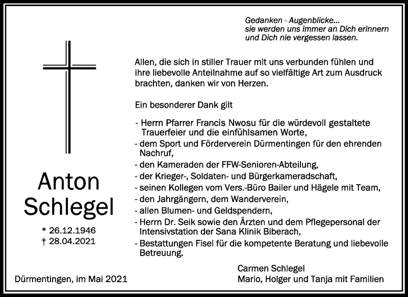  Traueranzeige für Anton Schlegel vom 29.05.2021 aus Schwäbische Zeitung
