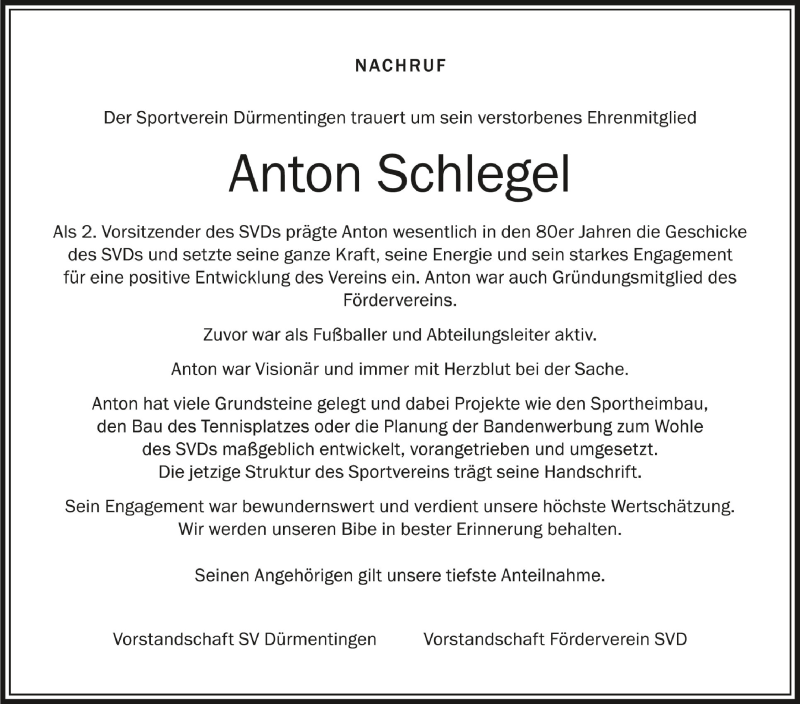  Traueranzeige für Anton Schlegel vom 08.05.2021 aus Schwäbische Zeitung