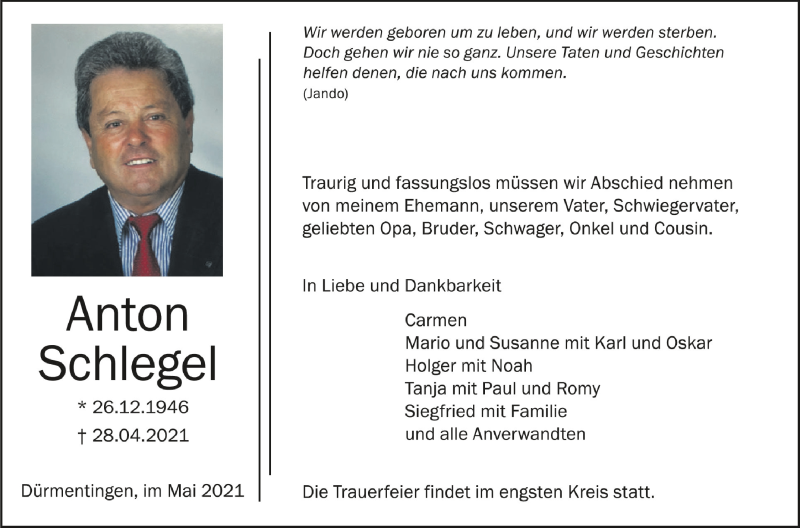  Traueranzeige für Anton Schlegel vom 08.05.2021 aus Schwäbische Zeitung