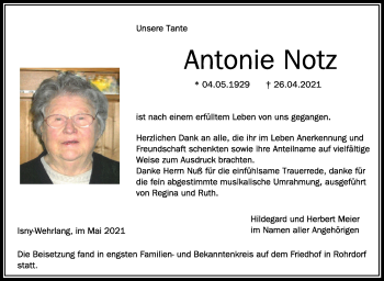Anzeige von Antonie Notz von Schwäbische Zeitung