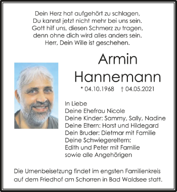 Anzeige von Armin Hannemann von Schwäbische Zeitung