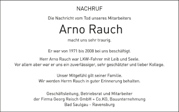 Anzeige von Arno Rauch von Schwäbische Zeitung