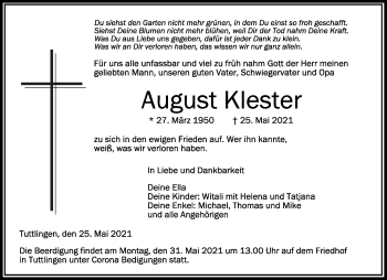 Anzeige von August Klester von Schwäbische Zeitung