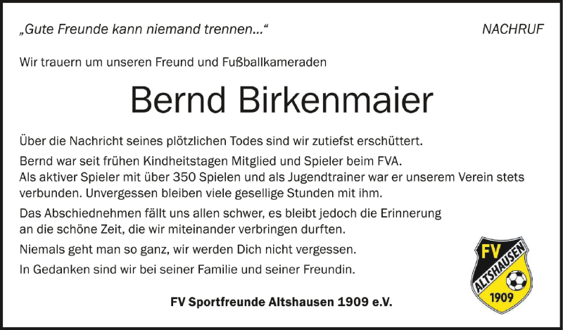  Traueranzeige für Bernd Birkenmaier vom 08.05.2021 aus Schwäbische Zeitung