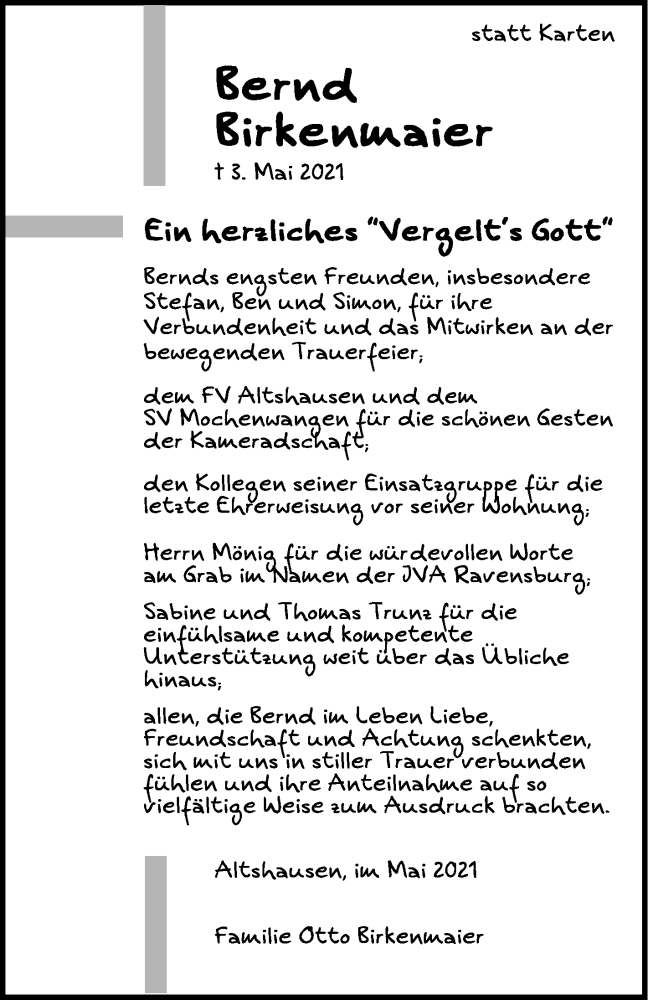  Traueranzeige für Bernd Birkenmaier vom 27.05.2021 aus Schwäbische Zeitung