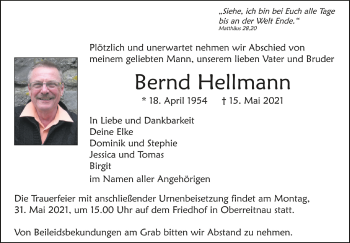 Anzeige von Bernd Hellmann von Schwäbische Zeitung