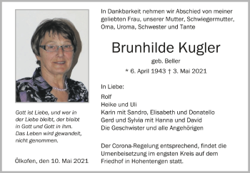 Anzeige von Brunhilde Kugler von Schwäbische Zeitung