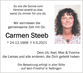 Anzeige von Carmen Steeb von Schwäbische Zeitung