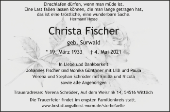 Anzeige von Christa Fischer von Schwäbische Zeitung