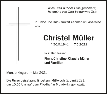 Anzeige von Christel Müller von Schwäbische Zeitung
