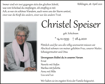 Anzeige von Christel Speiser von Schwäbische Zeitung